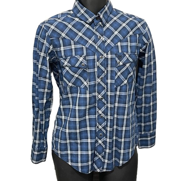 Wrangler Men’s Shirt Sz Small Blue, White, Black‎ Plaid Pearl Snap Western Shirt - Picture 1 of 7